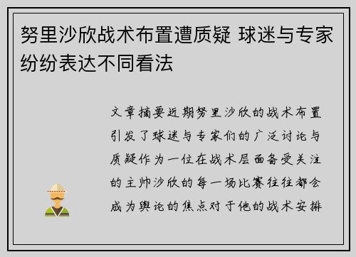 努里沙欣战术布置遭质疑 球迷与专家纷纷表达不同看法