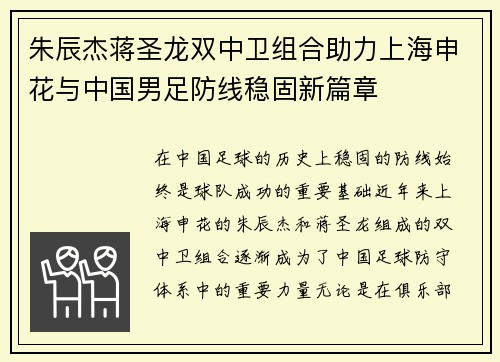 朱辰杰蒋圣龙双中卫组合助力上海申花与中国男足防线稳固新篇章 朱辰杰蒋圣龙双中卫组合助力上海申花与中国男足防线稳固新篇章