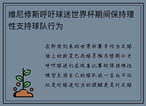 维尼修斯呼吁球迷世界杯期间保持理性支持球队行为 维尼修斯呼吁球迷世界杯期间保持理性支持球队行为